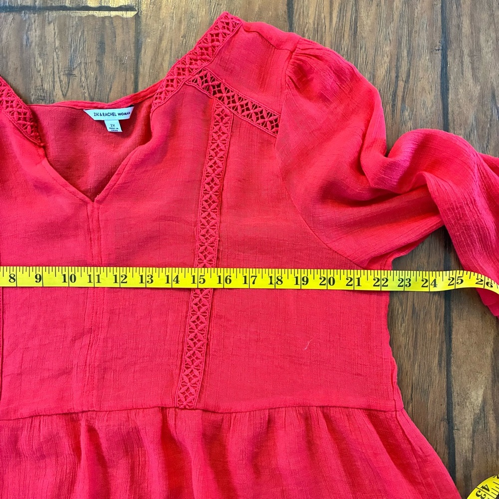 Zac & Rachel Vibrant Coral Boho V-Neck Tiered Flowy Peasant / Cottage Blouse - Picture 9 of 12